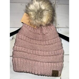 C.C Women's Exclusive Knitted Fuzzy Lining Knitted Hat Beanie with Pom Pom